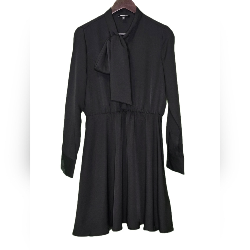 Express Elegant Black Long-Sleeve Mini Dress with Bow, Small